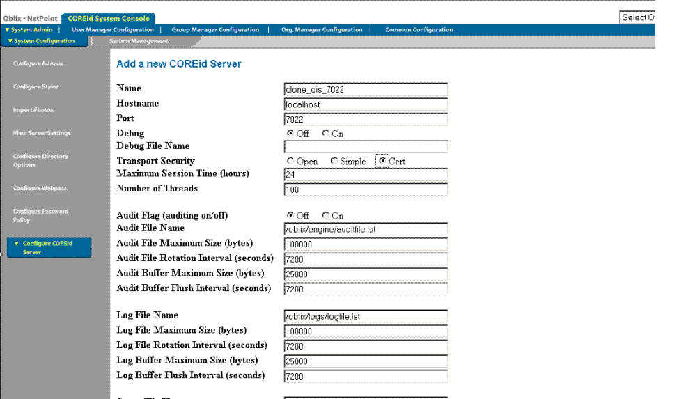 Add a new COREid Server Page with Clone Details