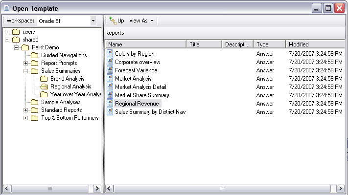 BI Publisher Open Template dialog.