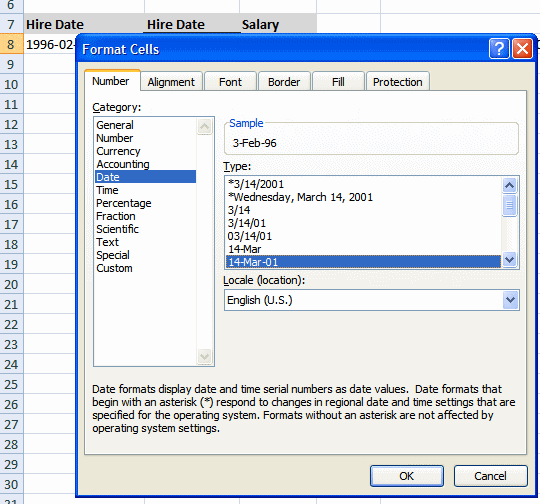 Applying the format for the date in the Format Cells dialog