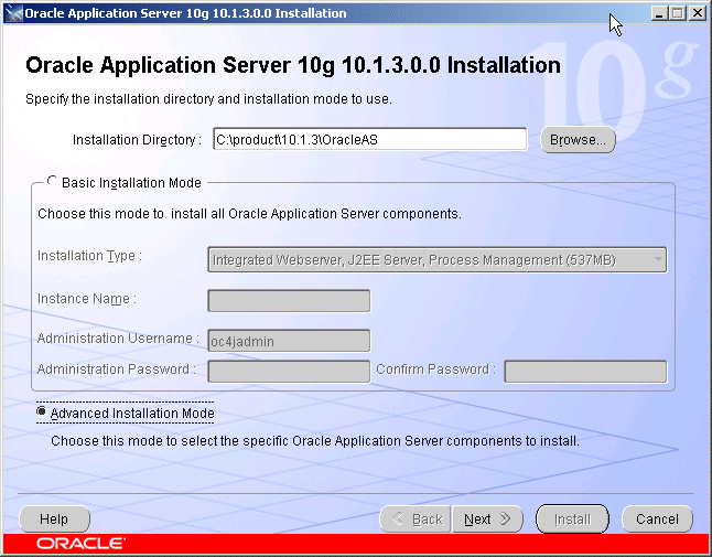 10.1.3.0.0 Installation Screen, Advanced Mode