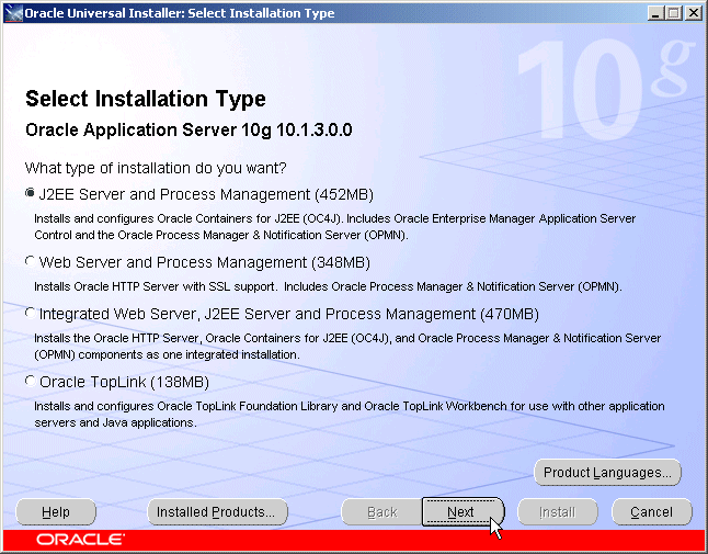 Select Installation Type: J2EE Server and Process Manager
