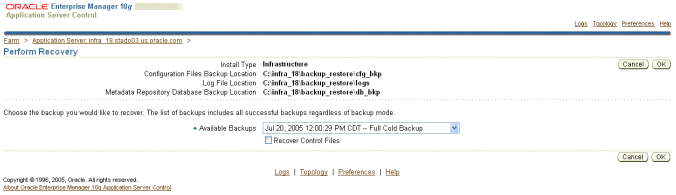 Infrastructure recovery screen.