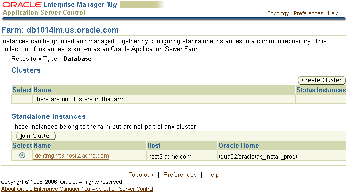 Oracle Application Server Farm page