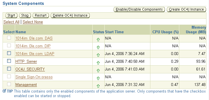 System Components Table on Application Server Home Page