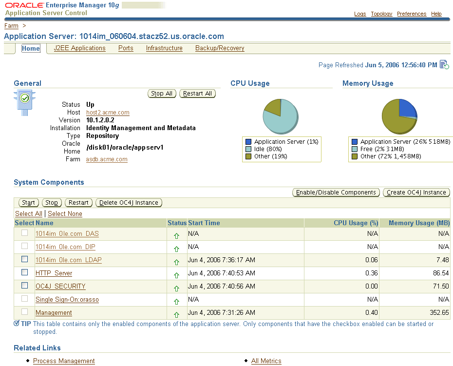 Oracle Application Server Home page