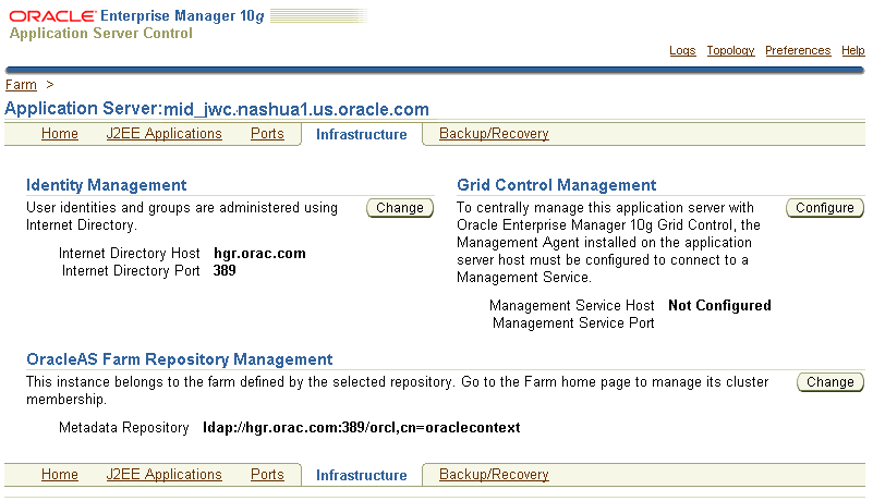 Application Server Control Console Infrastructure Page