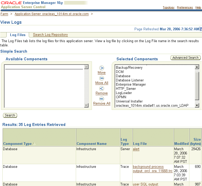 Enterprise Manager View Logs Search Results
