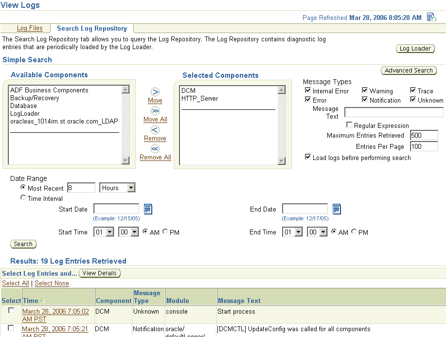 Search Log Repository Page