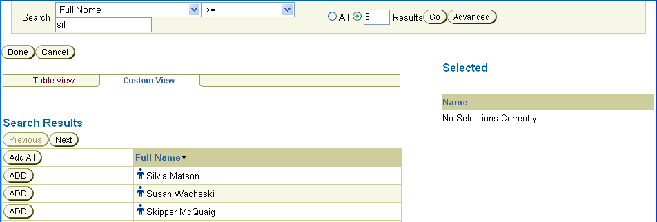 Results of a Selector search, showing returned users.