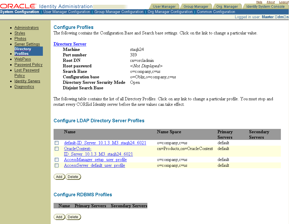 Image of Configure Profiles Page
