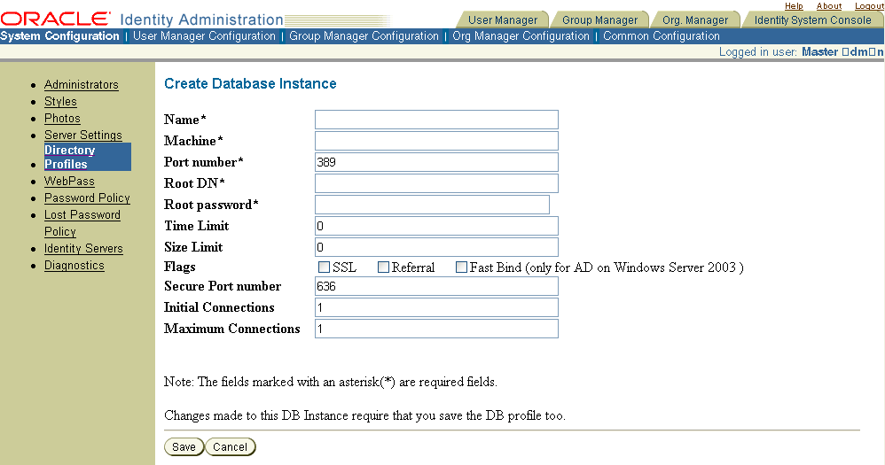 Image of database instance configuration page.