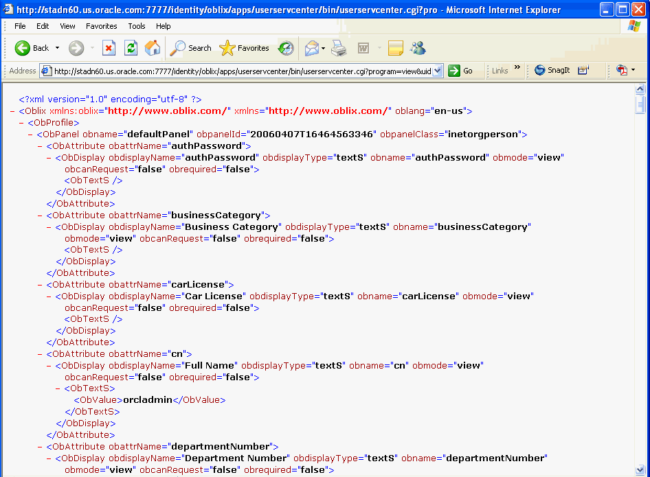Image of a profile page represented as raw XML.