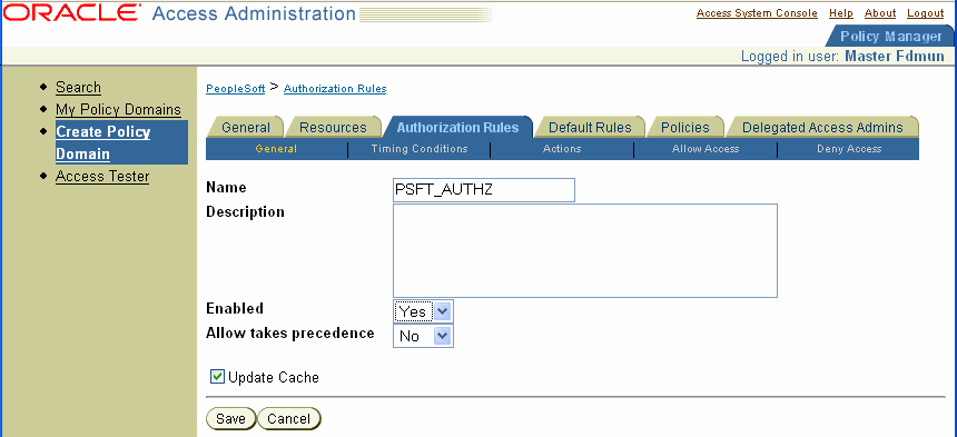 Authorization rule for a policy domain