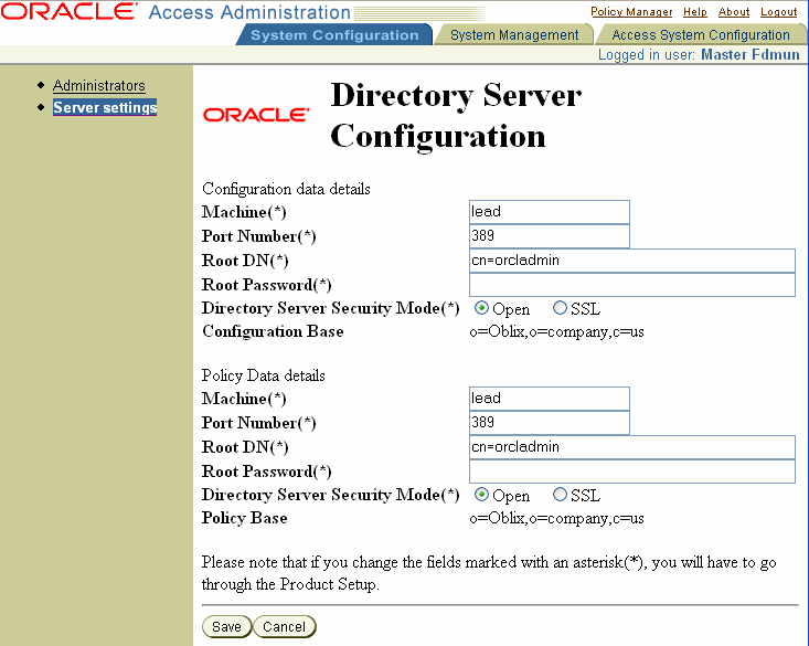 Image of directory server configuration page